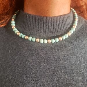 Boho Turquoise Style & Silver Beaded Statement Necklace 19"